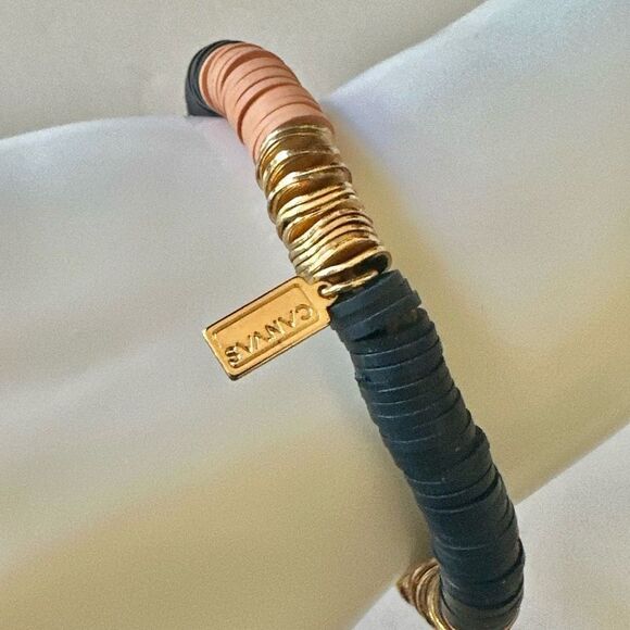 Canvas blue gold  tone and peach stretchy clay  disc bracelet - Picture 6 of 9